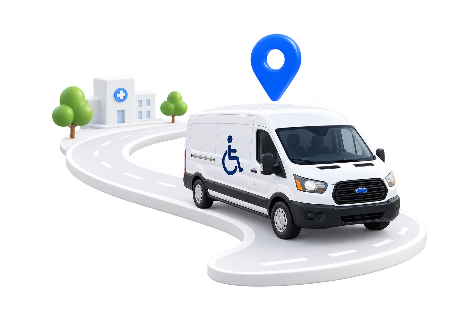 An accessible transport van connecting every step of a medical transportation journey